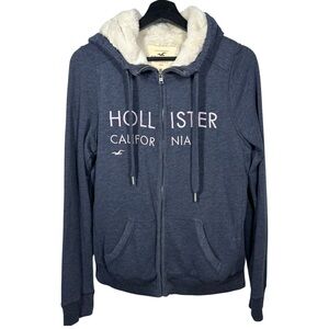 VTG Y2K Hollister Hoodie Womens M Sherpa Lined Jacket Spell Out Logo Preppy Surf